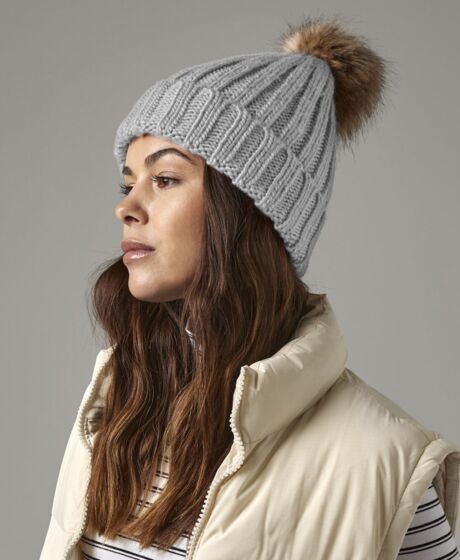 Beechfield Faux Fur Pop Pom Chunky Beanie Thumbnail